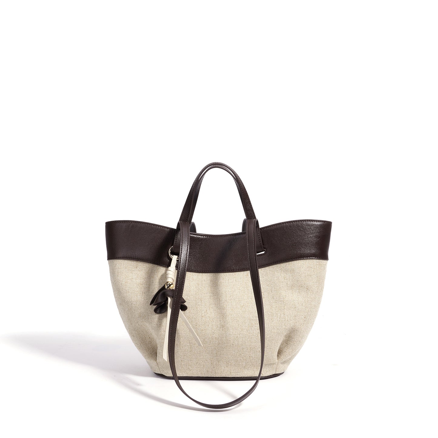 New Large Capacity Basket Bag in Linen & Cowhide, Casual Commute Shoulder Tote with Wing Top Handle, Premium Handbag for Women