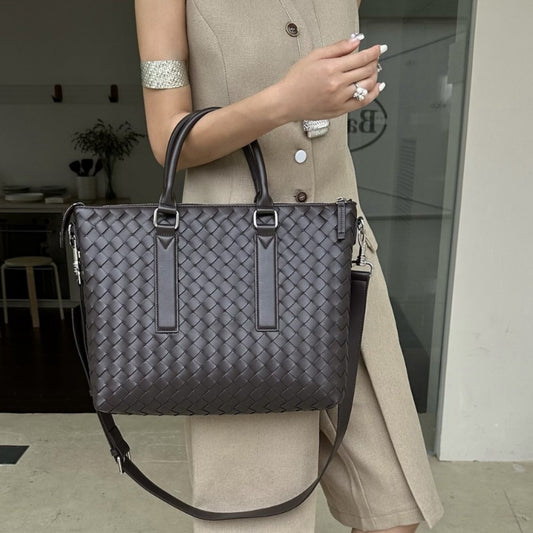 Genuine Leather Woven Large Tote Briefcase, Business Commuter Handbag, Unisex Shoulder & Crossbody Bag