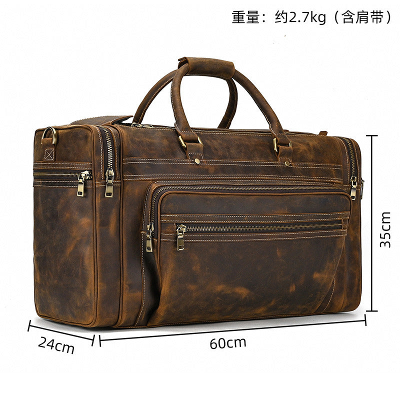 Genuine Top Layer Crazy Horse Cowhide 24-Inch Travel Duffle Bag for Men, Vintage Large Capacity Luggage, Casual Weekender Bag for Gentlemen