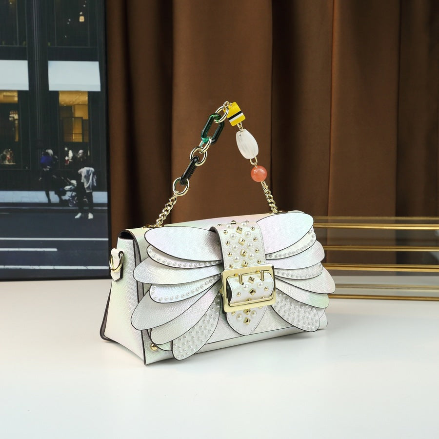 New Arrival Pearl Studded Wing Bag for Women, A Small Square Top-Handle Handbag with Acrylic Chain & Trendy Design, Perfect for Daily Style