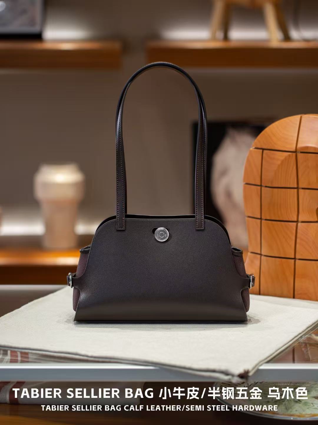 Genuine Top Layer Calfskin Leather Bag for Women, Tabier Premium Shoulder Top Handle Purse with Leather Trim, Footed Studs, Logo Plaque, and Full Steel Hardware for Ladies
