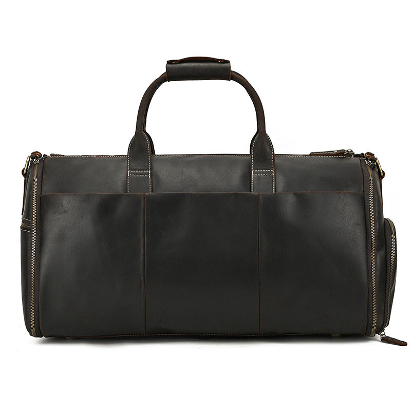 Multifunctional Crazy Horse Leather Travel Duffle, Foldable Suit Garment Bag with Wet-Dry Separation, Premium Gym Weekender for Men