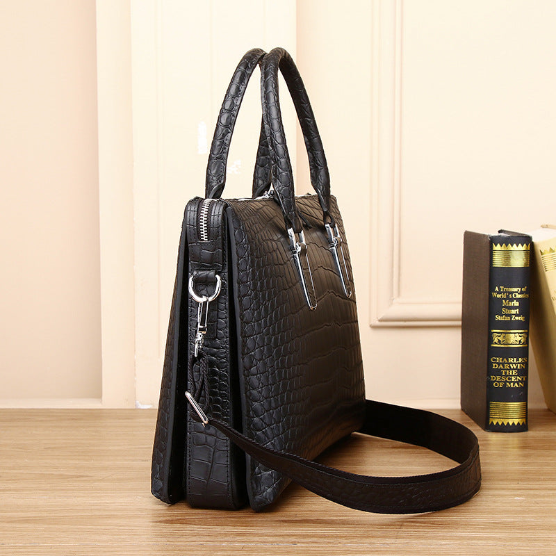 Genuine Leather Men's Laptop Crossbody Bag Large Capacity Multi-Compartment Business Handbag with Matte Crocodile Texture