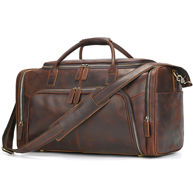 Large Capacity Crazy Horse Leather Travel Duffle, Top Handle Crossbody Business Bag, Premium Cowhide Luggage for Men