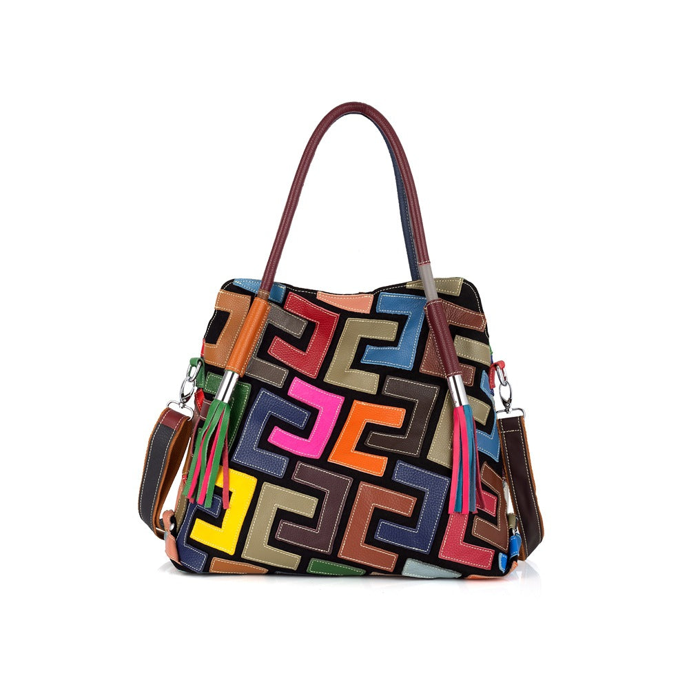 Genuine Cowhide Color Block Tote Bag for Women, New Niche Designer Handmade Pattern Shoulder Purse, Trendy Everyday Handbag for Ladies