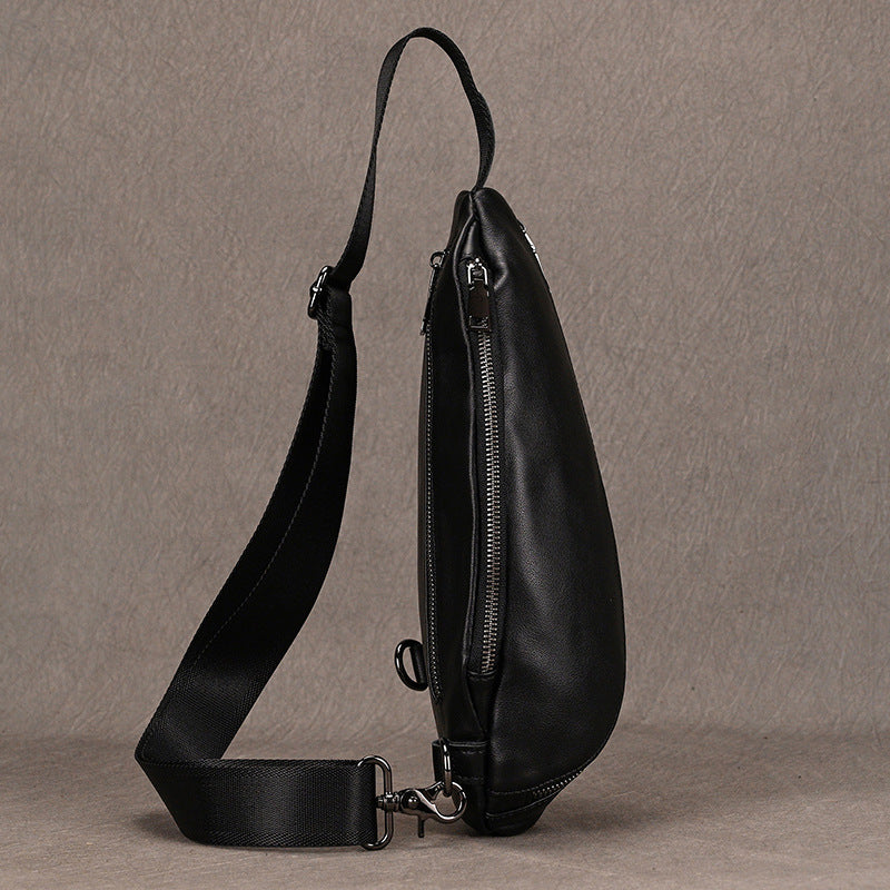 Black Genuine Leather Chest Bag, Fashionable Crossbody Shoulder Pouch, Outdoor Casual Bag for Men