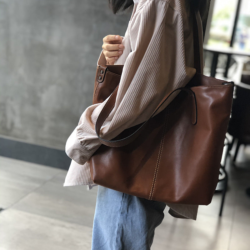 Genuine Top Layer Cowhide Tote Bag for Women, Fall Winter Large Capacity Shoulder Crossbody Purse, Urban Minimalist Everyday Handbag for Ladies