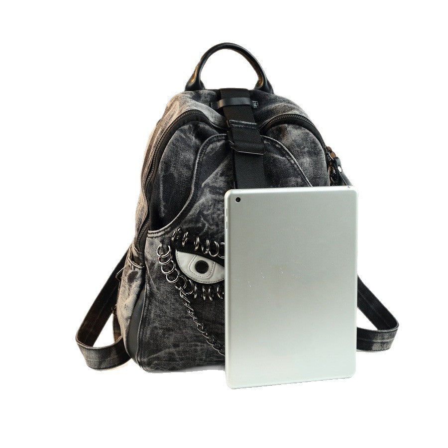 Denim Eye Chain Backpack for Women Large Capacity Casual Shoulder Handbag, Personality Trendy Purse with Edgy Hardware Accent