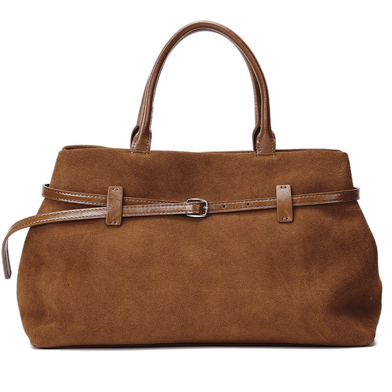 Suede Cowhide Tote Bag for Women Vintage Commuter Shoulder Handbag, Premium Textured Purse with Timeless Elegance
