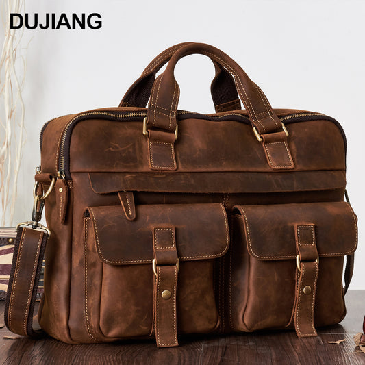 Genuine Crazy Horse Leather Briefcase for Men, Business Commute Top Handle Bag, Multifunctional Laptop Computer Work Bag for Office
