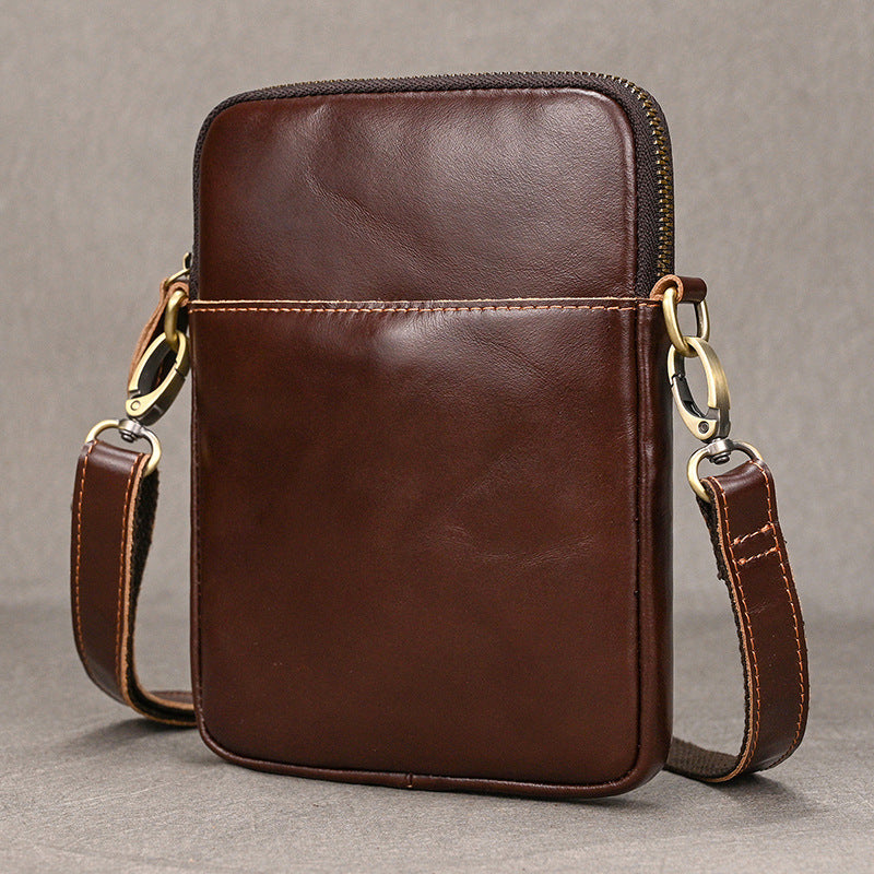 Genuine Top Layer Cowhide Small Square Bag for Men, Lightweight Casual Crossbody Shoulder Purse, Outdoor Phone Umbrella Pouch for Gentlemen