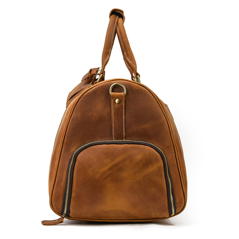 Vintage Crazy Horse Leather Large Capacity Travel Duffle with Shoe Compartment, Top Handle Gym Bag, Premium Cowhide Weekender for Men