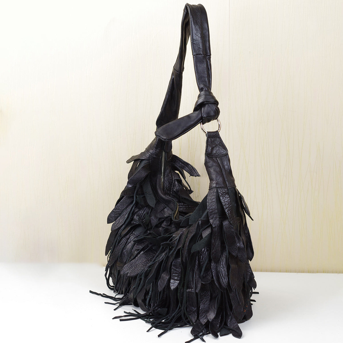 Genuine Sheepskin Leather Black Striped Fringe Hobo Bag for Women, New Arrival Soft Casual Shoulder Crossbody Purse, Stylish Designer Handbag