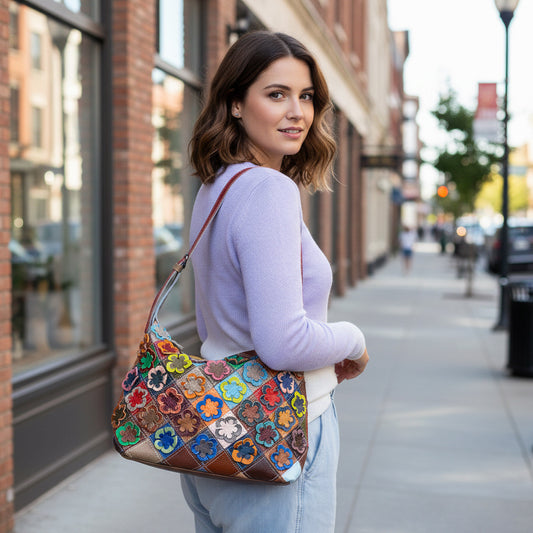 Premium Handcrafted Floral Color-Block Quilted Leather Bag for Women | New Genuine Cowhide Shoulder Purse with Unique Artistic Floral Patchwork Design | Casual Chic Everyday Handbag with Bohemian Flair | Trendy Statement Accessory for the Style-Consc