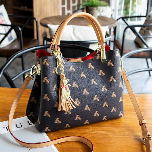 Women's Light Luxury Genuine Leather Tote Bag, Elegant Printed Handbag for Middle-Aged Ladies, Mom's Everyday Carryall