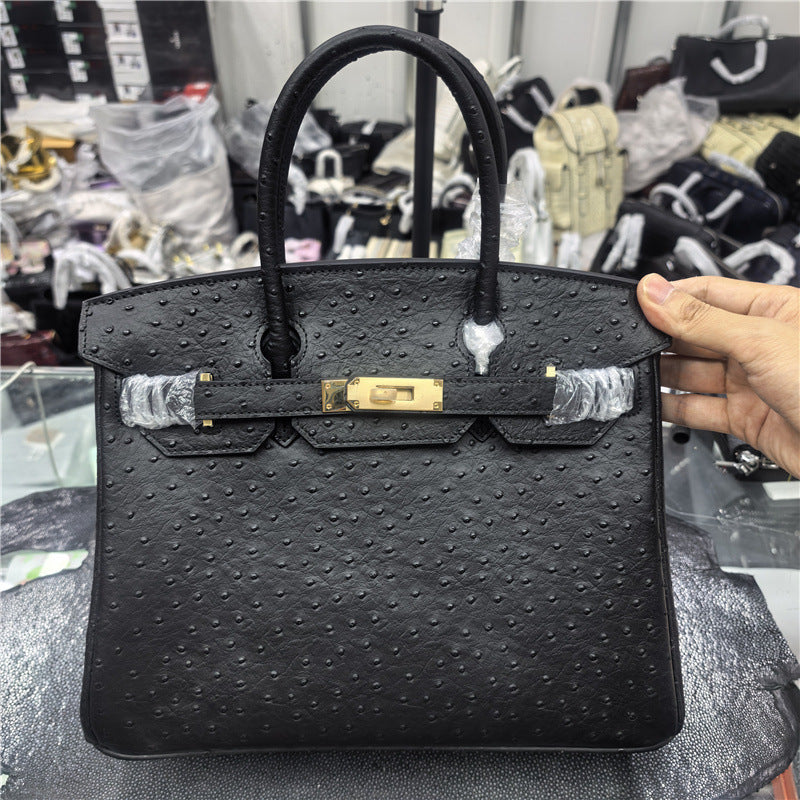 New Arrival Ostrich-Effect Birkin-Inspired Tote Bag for Women, Premium Genuine Leather Large Capacity Shoulder Crossbody Handbag with Flap Design, Light Luxury Versatile Everyday Purse