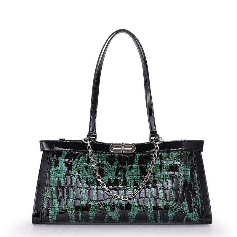 Dark Green Genuine Leather Underarm Mom Bag, Top Layer Cowhide Chain Shoulder Purse, New Premium Handbag for Women
