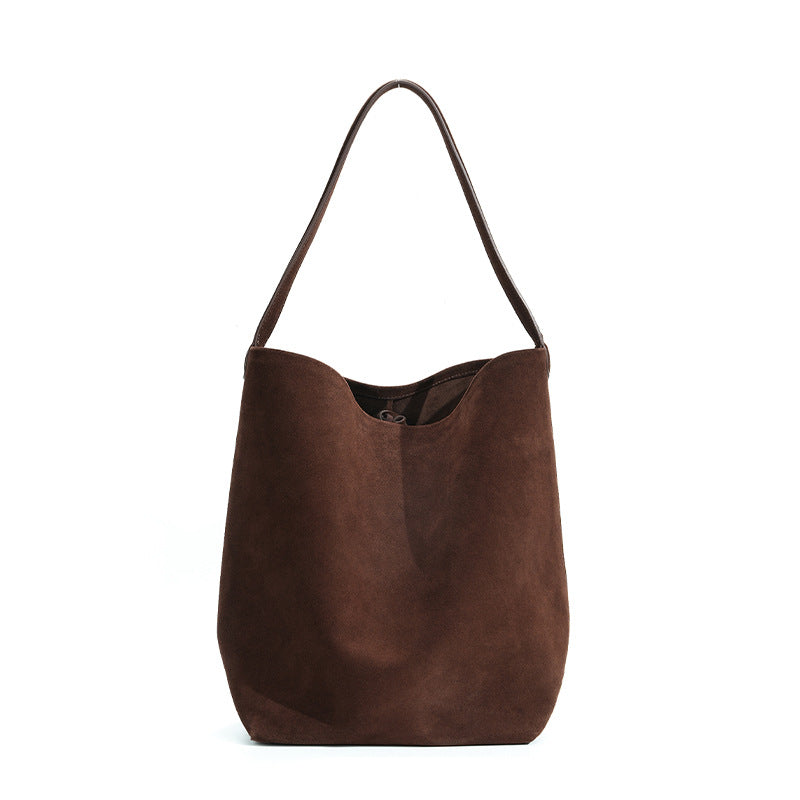 Genuine Matte Leather Bucket Bag for Women, Niche Versatile Solid Color Commute Shoulder Top Handle Purse, Premium Large Capacity Handbag for Ladies