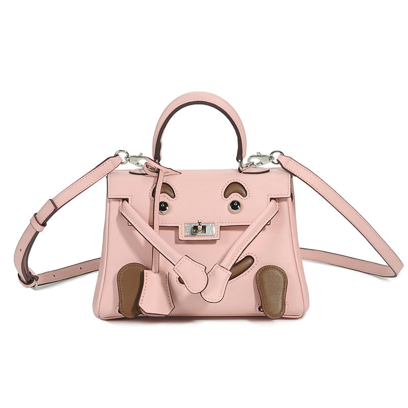 Genuine Top Layer Cowhide Smiley Face Bag for Women, Cute Mini Millennium Doll Crossbody Purse, Playful Kelly-Style Handbag with Premium Quality for Ladies