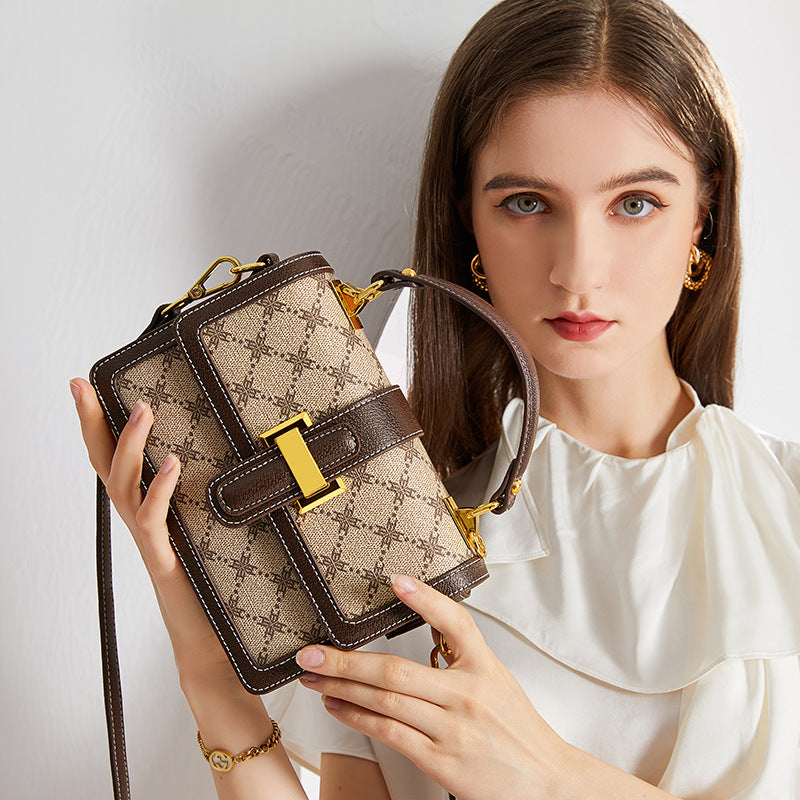 Genuine Leather Small Square Bag for Women, New Fashionable Printed Shoulder Crossbody Purse, Versatile Top Handle Handbag for Ladies