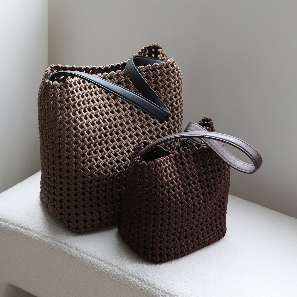 Hollow Woven Cowhide Tote Bag for Women Large Capacity Shoulder Underarm Handbag, Designer Style with Versatile Commuter Appeal