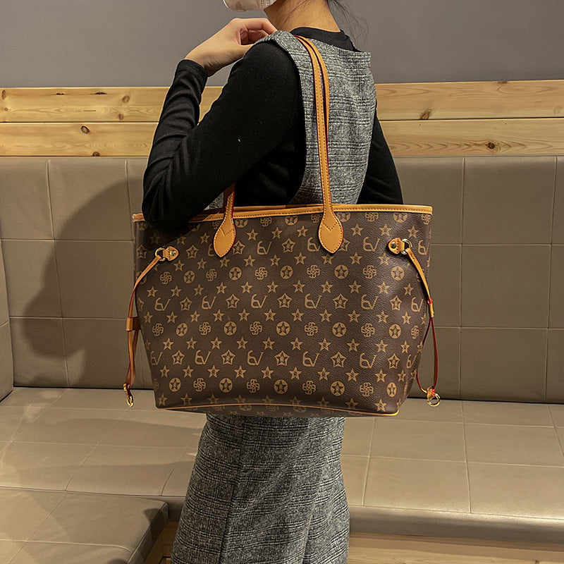Women's Lightweight Tote Bag with Printed Design & Detachable Pouch, Large-Capacity Commuter Handbag, Light Luxury Minimalist Shoulder Purse for Work, Travel & Daily Errands