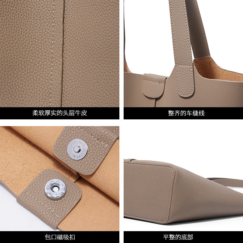 Genuine Leather Bucket Tote Bag for Women Large Capacity Commuter Shoulder Handbag, Practical Cowhide Purse with Versatile Everyday Style