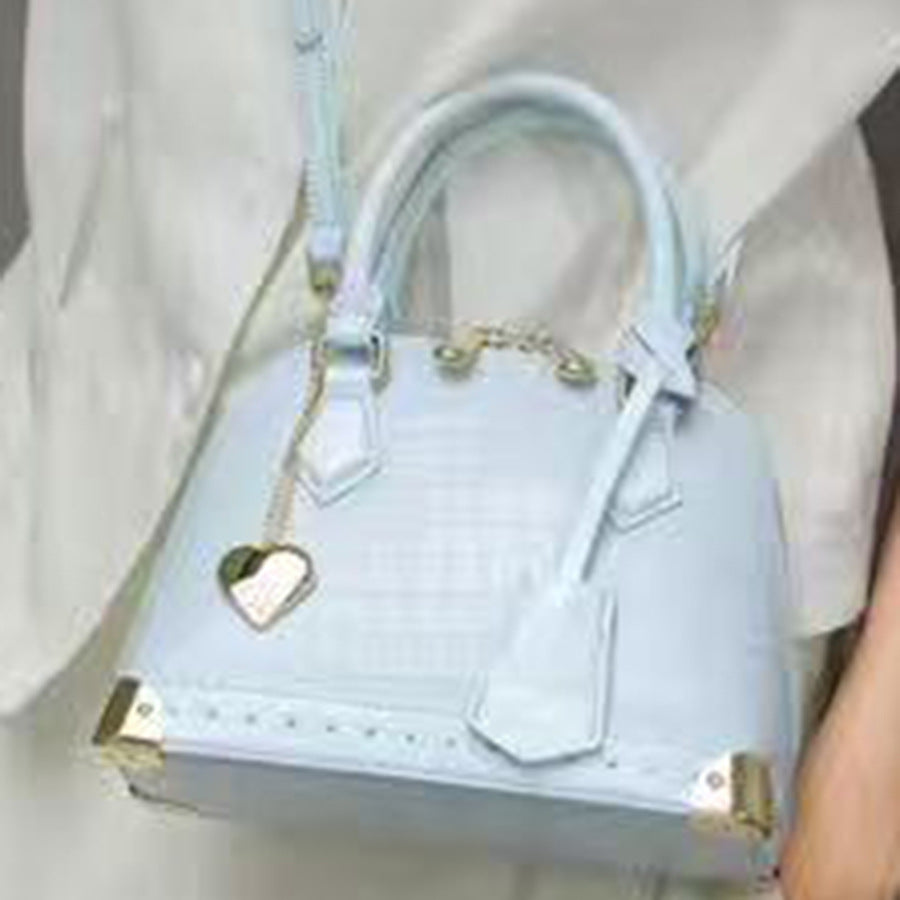 Chic French Style Croc-Effect Shell Bag for Women, A Light Luxury Structured Top-Handle Handbag with Metal Stud Details & Heart Charm, Versatile Shoulder Crossbody Purse