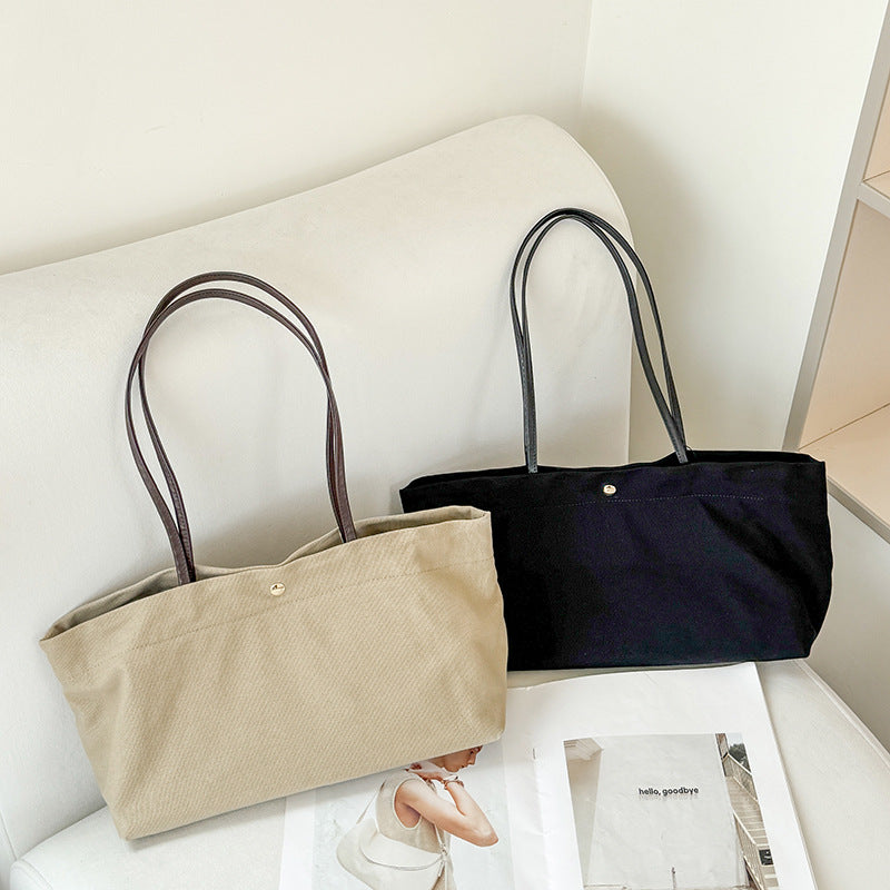 Top Layer Cowhide & Canvas Large Capacity Tote Bag for Women, Casual Underarm Shoulder Bag for Work Commute, Blank Plain Purse for Wholesale