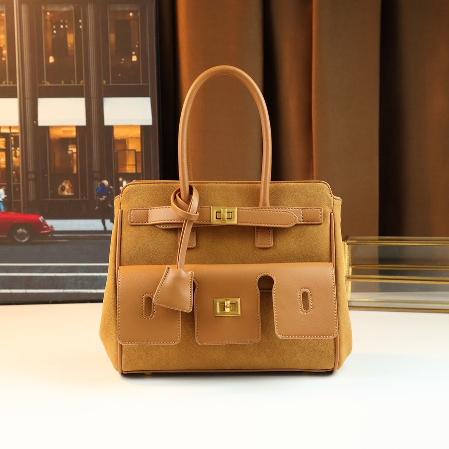 Suede-Like Business Tote Bag for Women Modern Commuter Shoulder Handbag, Structured Mini Square Purse with Soft Texture and Versatile Style