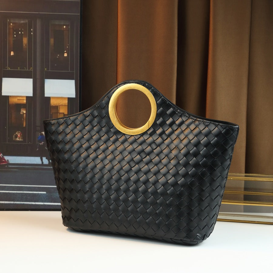 Handwoven Genuine Leather Basket Tote Bag for Women with Ring Handle, Large Capacity Shoulder Shopping Handbag with Artisan Craftsmanship