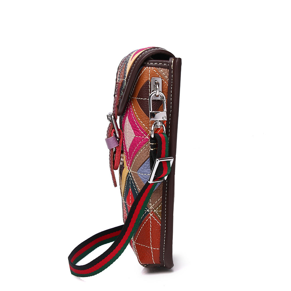 Genuine Cowhide Colorful Diamond Quilted Patchwork Bag for Women, New Flap Shoulder Crossbody Small Purse, Trendy Handbag for Ladies