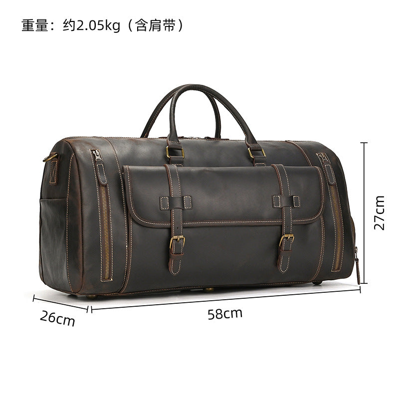 Large Capacity Crazy Horse Leather Travel Duffle with Shoe Compartment, Top Handle Shoulder Crossbody Luggage Bag for Men