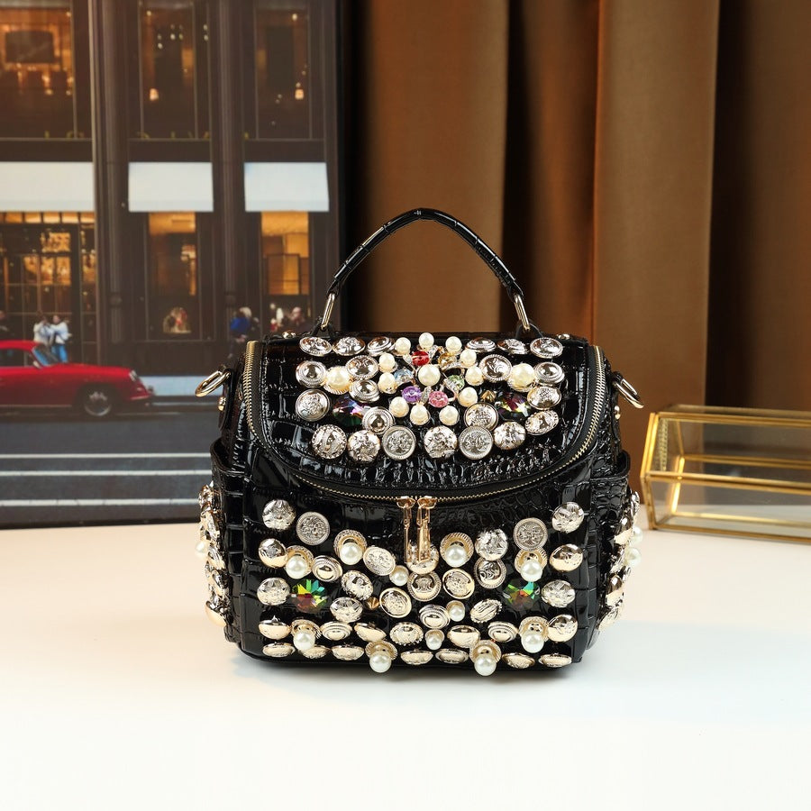 Handmade Beaded Stud Mini Square Bag for Women Shoulder Crossbody Handbag, Edgy Personality Purse with Unique Hardware Accents