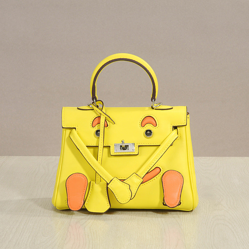 Genuine Top Layer Cowhide Smiley Face Bag for Women, Cute Mini Millennium Doll Crossbody Purse, Playful Kelly-Style Handbag with Premium Quality for Ladies