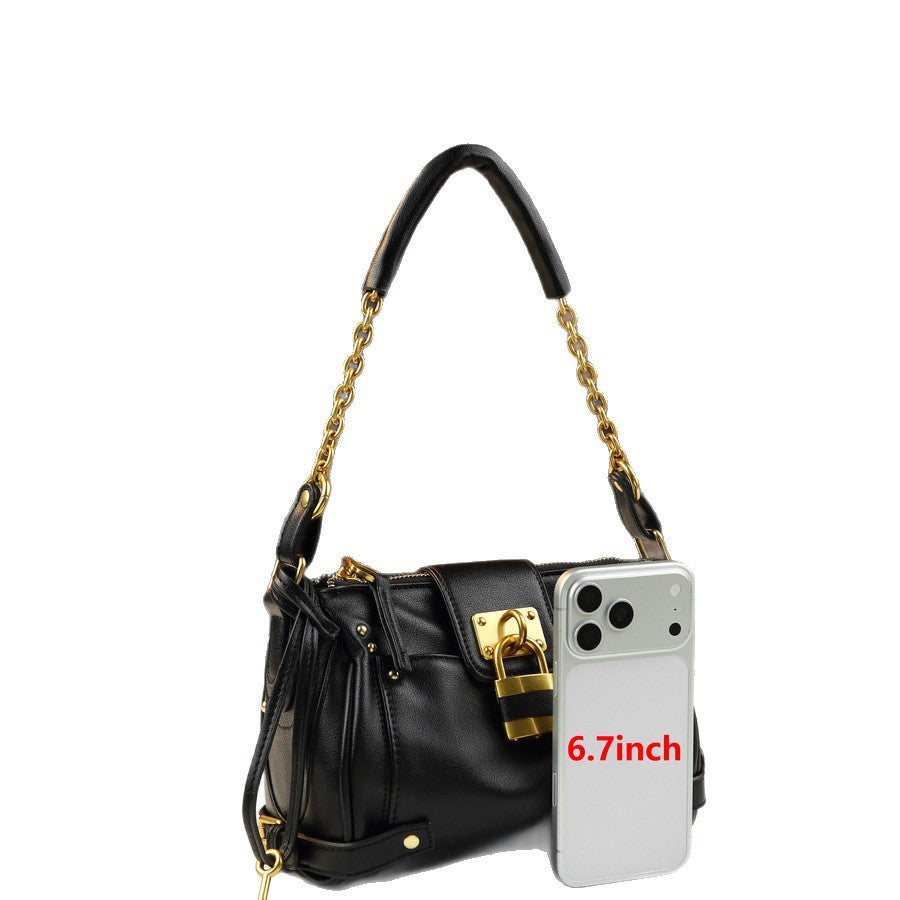 Y2K Style Lock Chain Tote Bag for Women Vintage Soft Leather Large Capacity Shoulder Crossbody Handbag with Trendy Hardware Accent