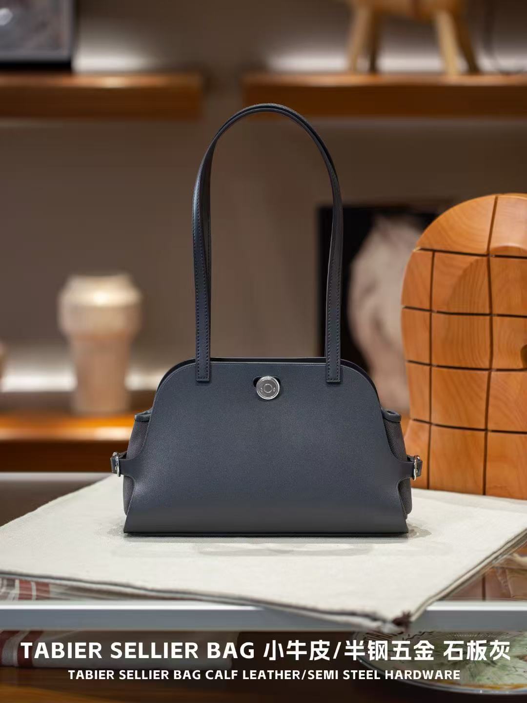 Genuine Top Layer Calfskin Leather Bag for Women, Tabier Premium Shoulder Top Handle Purse with Leather Trim, Footed Studs, Logo Plaque, and Full Steel Hardware for Ladies