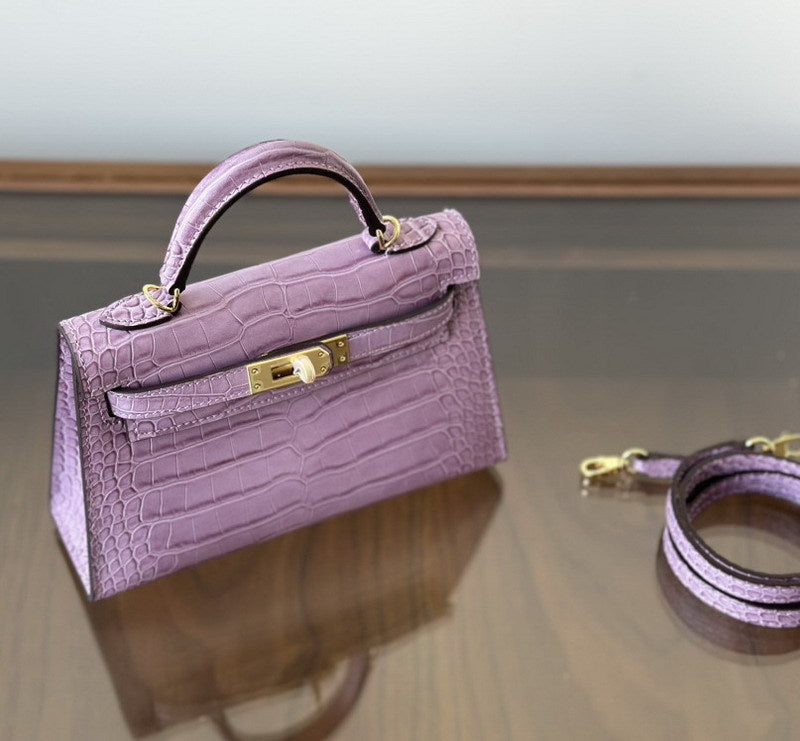 Genuine Leather High-Gloss Crocodile-Embossed Kelly-Style Bag for Women, New 2nd Gen Mini Top Handle Shoulder Purse, Premium Handbag for Ladies