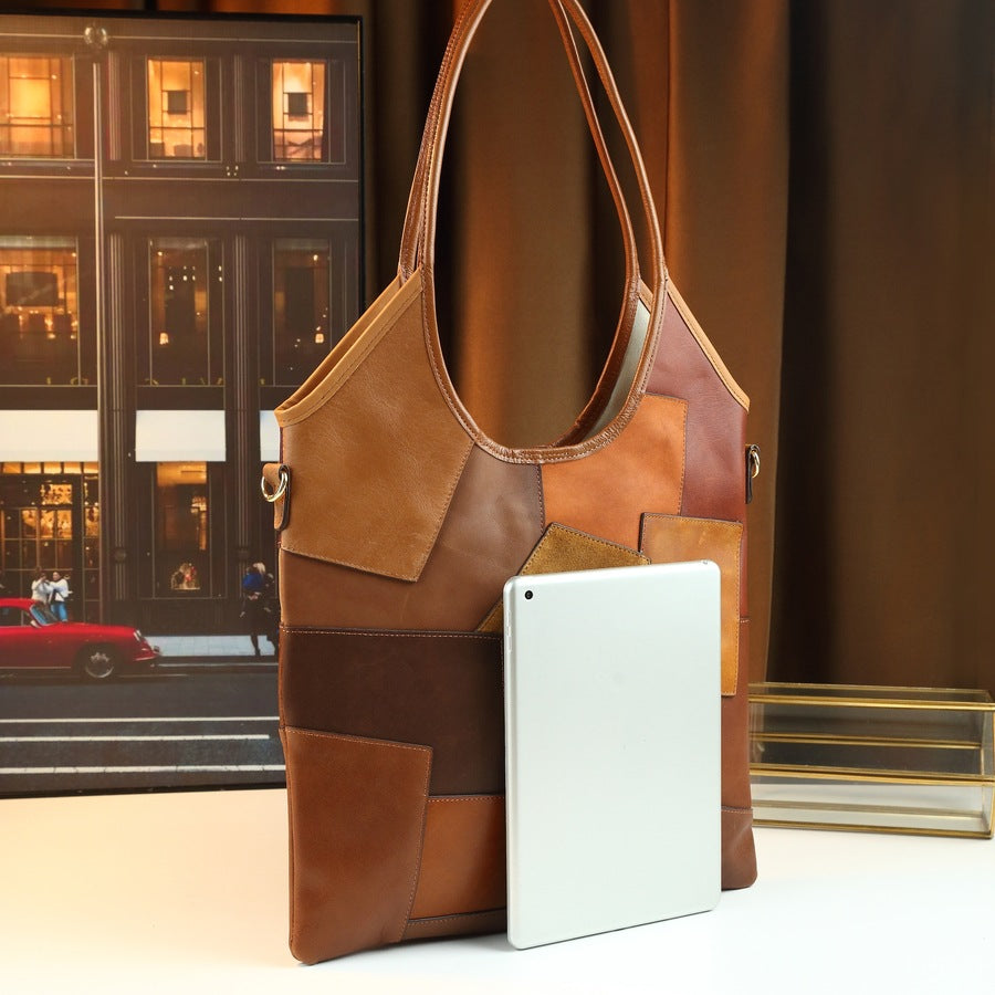 Vintage Patchwork Maillard Square Bag for Women Large Capacity Fall Winter Shoulder Handbag, Cowhide Leather Purse with Retro Charm
