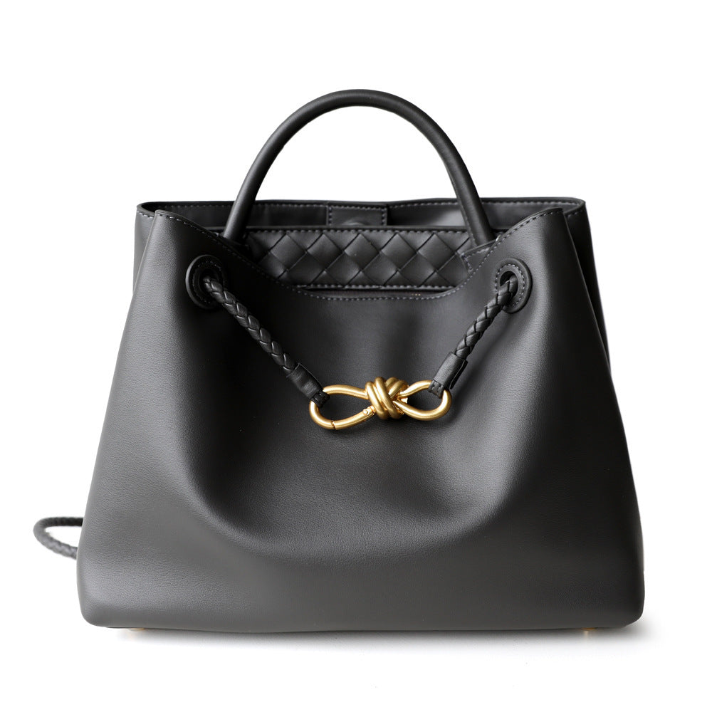 Metal Bow Tote Bag for Women Genuine Cowhide Leather Large Capacity Shoulder Handbag, Elegant Hardware Accent with Versatile Style
