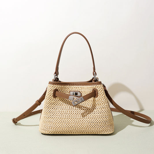 Casual Basket Woven Bucket Bag in Genuine Leather, Korean Style Patchwork Underarm Shoulder Crossbody Purse, Versatile Handbag for Women