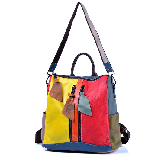 Premium Vintage Cowhide Leather Backpack for Women | Colorful Patchwork Color-Block Design with Unique Artistic Flair | Casual Spacious Daypack for Travel, School & Daily Outings | Trendy Boho Rucksack with Vibrant Personality & Timeless Craftsmanshi