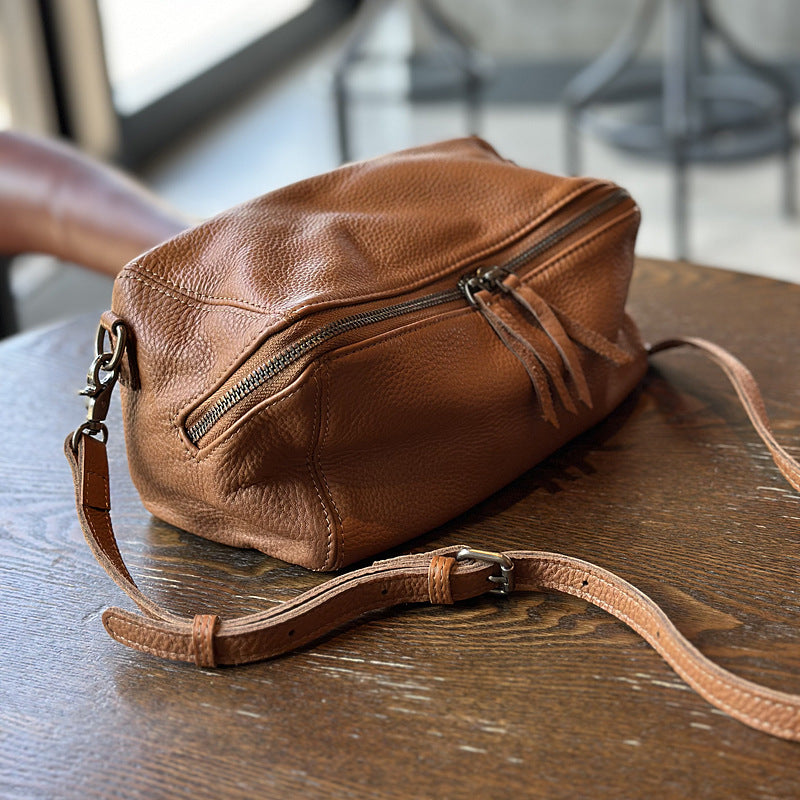 Genuine Soft Leather Vintage Crossbody Bag for Women, Spring Summer Lightweight Minimalist Shoulder Purse, Versatile Everyday Toast Style Handbag for Ladies