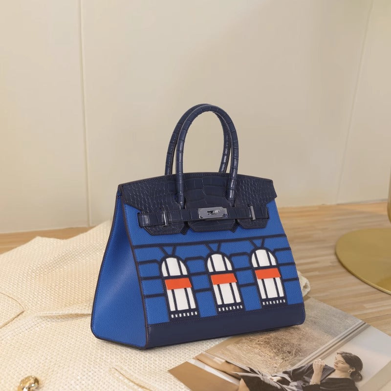 New Arrival Croc-Effect Genuine Leather House-Shaped Bag for Women, A High-End Versatile Top-Handle Shoulder Crossbody Handbag with Fashionable Premium Design