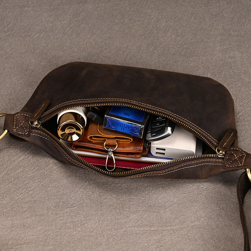 Genuine Top Layer Crazy Horse Cowhide Shoulder Bag for Men, Vintage Crossbody Chest Pouch, Trendy TikTok Style Everyday Bag for Gentlemen