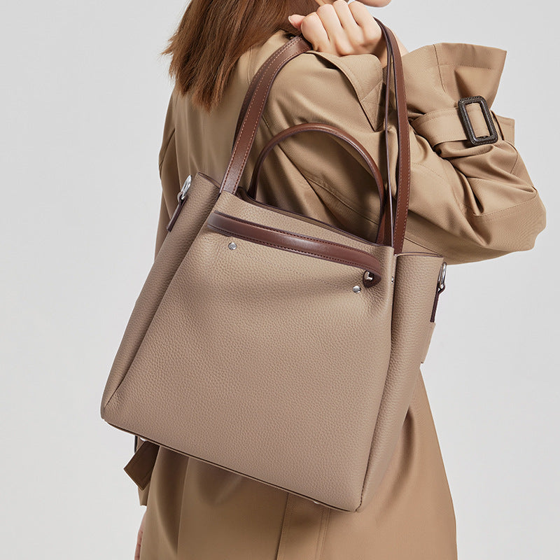 Top Layer Cowhide Color-Block Tote Bag for Women Soft Leather Large Capacity Commuter Shoulder Handbag, Fashion Versatile Purse with Premium Finish