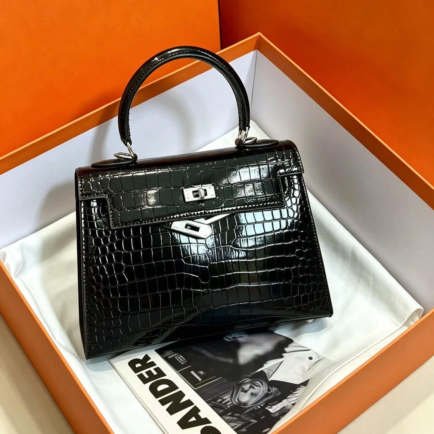 New Arrival Kelly-Inspired Croc-Effect Genuine Leather Tote Bag for Women, A Large Capacity Top-Handle Shoulder Crossbody Handbag with Turn-Lock Design & Trendy Style
