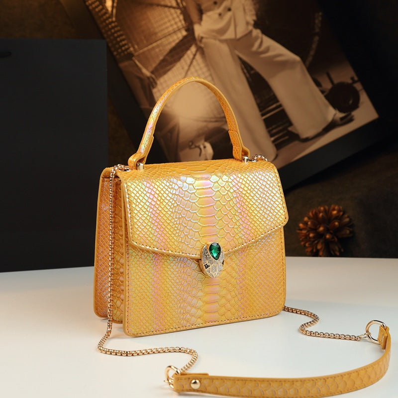 Genuine Leather Ostrich-Embossed Snake Head Mini Bag for Women, Light Luxury Accordion Chain Shoulder Crossbody Purse, Elegant Small Square Bestseller for Ladies