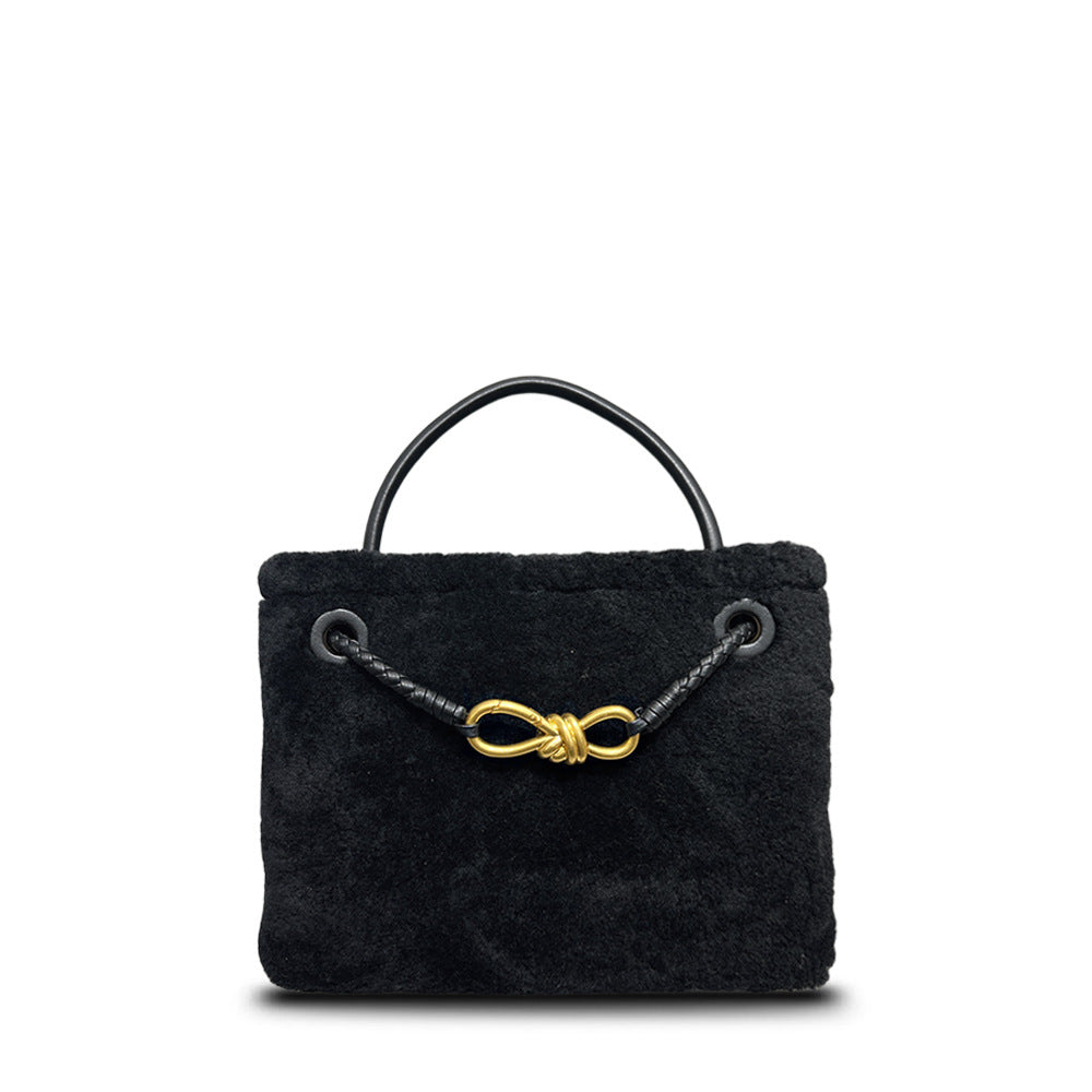 New Fall/Winter Lamb Wool Woven Tote with Metal Buckle, Vintage Large Commuter Shoulder & Crossbody Bag for Women