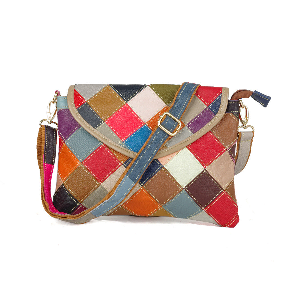 Genuine Leather Colorful Patchwork Envelope Bag for Women, Handmade Crossbody Shoulder Small Purse, Unique Designer Handbag for Ladies